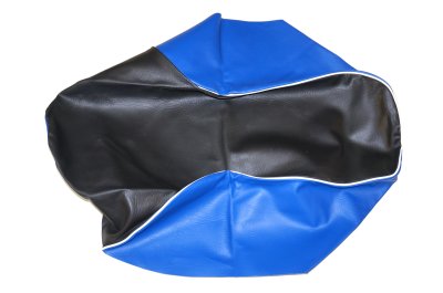 Black seat bench cover with white piping and blue inserts URAL