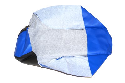 Black seat bench cover with white piping and blue inserts URAL