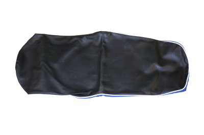Black seat bench cover with white piping and blue inserts URAL