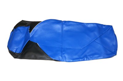 Black seat bench cover with white piping and blue inserts URAL